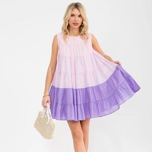 056 • Pastel Pink Purple Tiered Dress | Cotton Trapeze Color Block Summer Dress